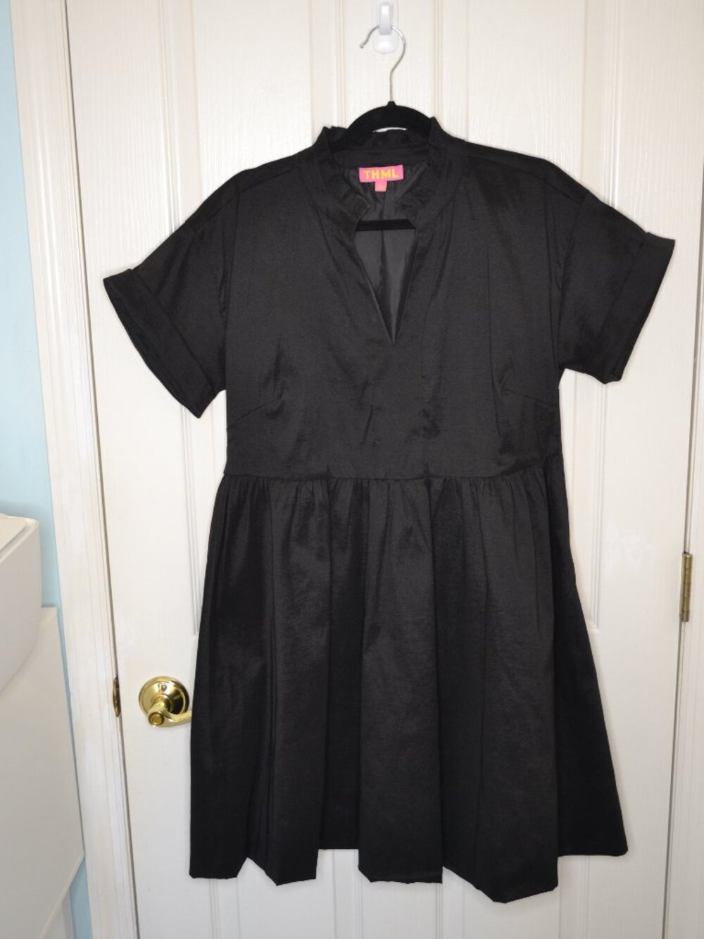 THML Mini Short-Sleeve LBD Little Black Dress w/Iridescent Finish&Gathered skirt